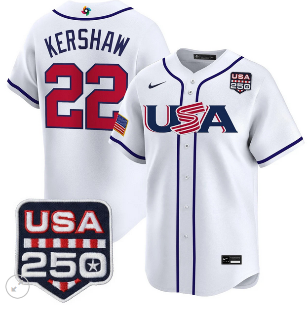Men Team USA World Baseball Classic 250 America Patch #22 Clayton Kershaw white 2026 MLB Jersey->more jerseys->MLB Jersey